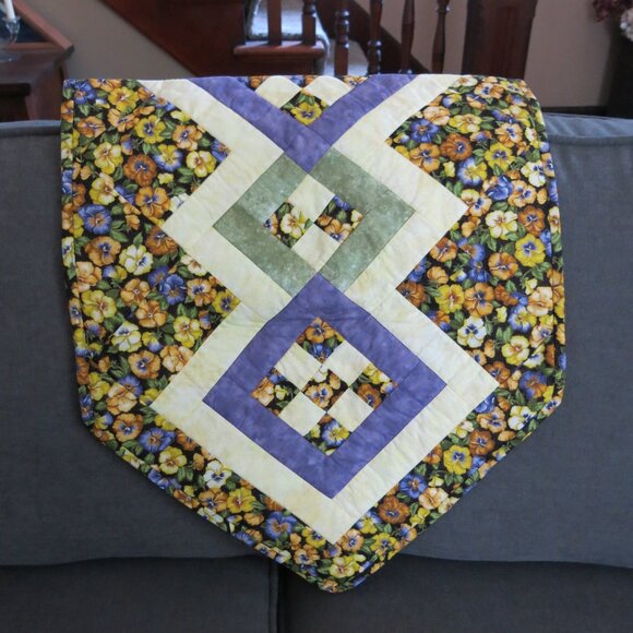 Vintage 2003 Handmade Floral Geometric Purple Yellow Pansies Table Runner Quilt - Picture 8 of 9